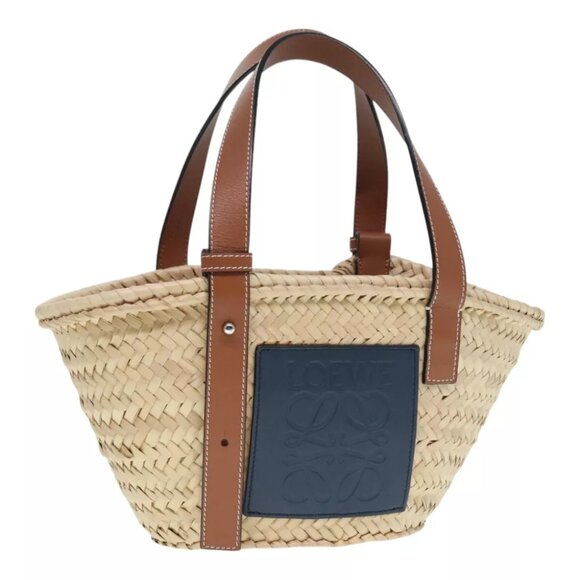 LOEWE Basket Bag Raffia Leather Beige Navy Silver Auth 89067 - Picture 1 of 15